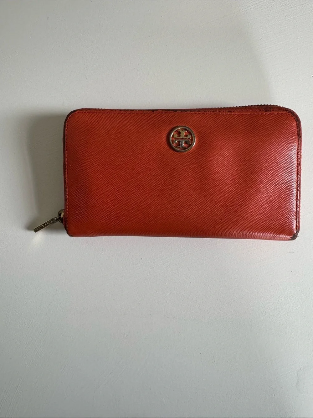 Tory Burch Coral-Orange Zip Wallet with Gold Logo